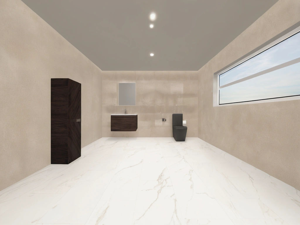 A Poseidon render of a bathroom with a ribbed walnut vanity, chrome brassware, Verona Bone wall tiles and a marble floor